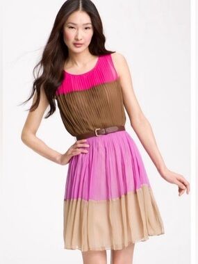 Julie Dillon NY Colorblock Pleated Sleeveless Mini Dress - Pink/Brown /Tan, sz 0